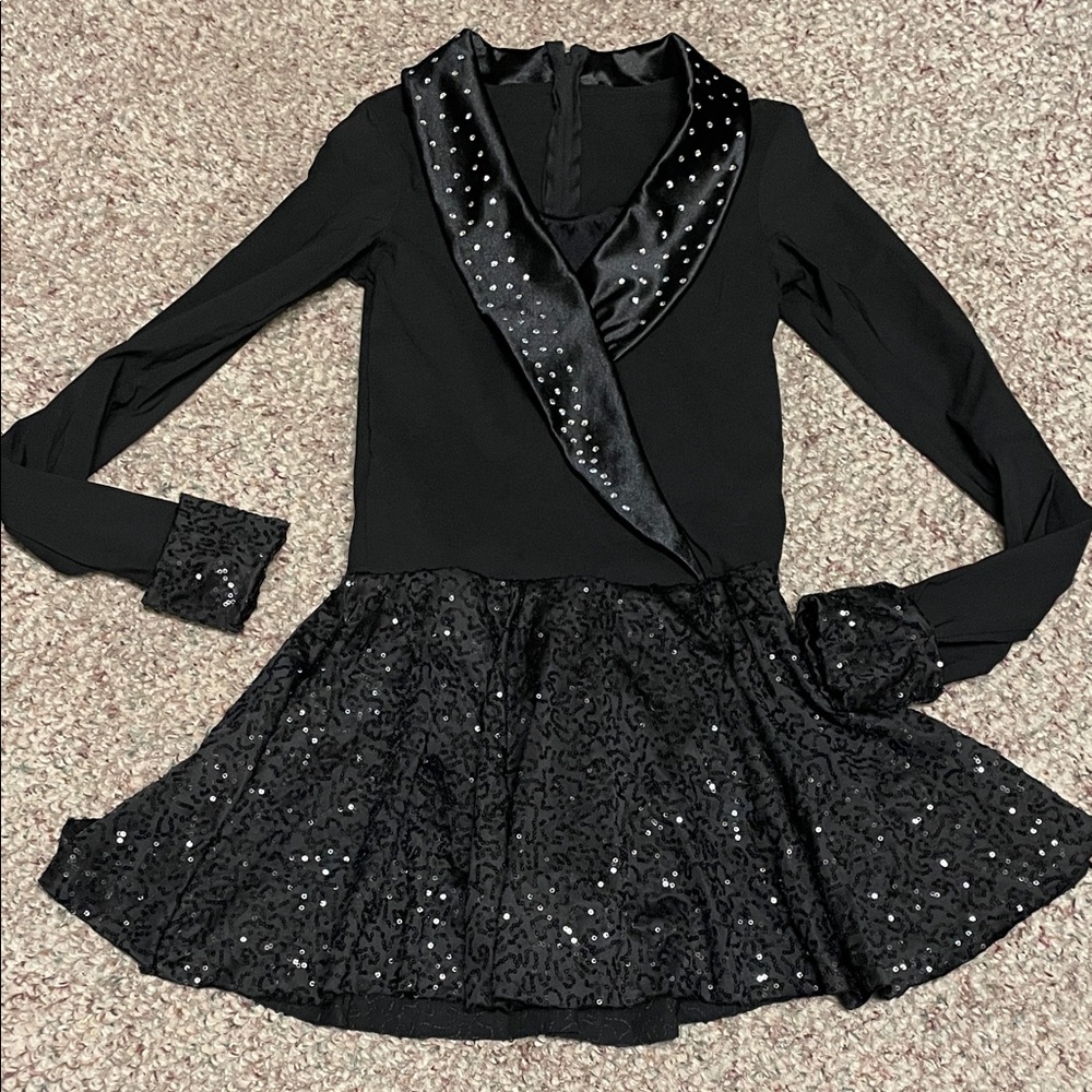 Diamond satin lapel with sequin cuffs/skirt Black spandex leotard dance ourfit